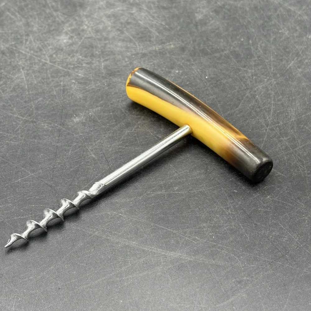 Vtg MCM T-Handle Corkscrew Faux Horn Marbled Yellow Brown Barware Wine Opener